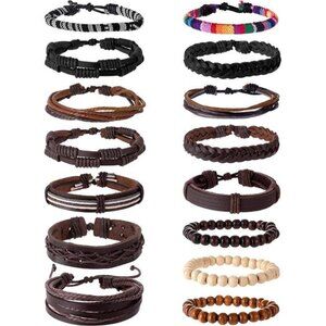 15Pcs Braided Leather Bracelet Boho Cuff Wrap String Wood Bead Woven Trendy